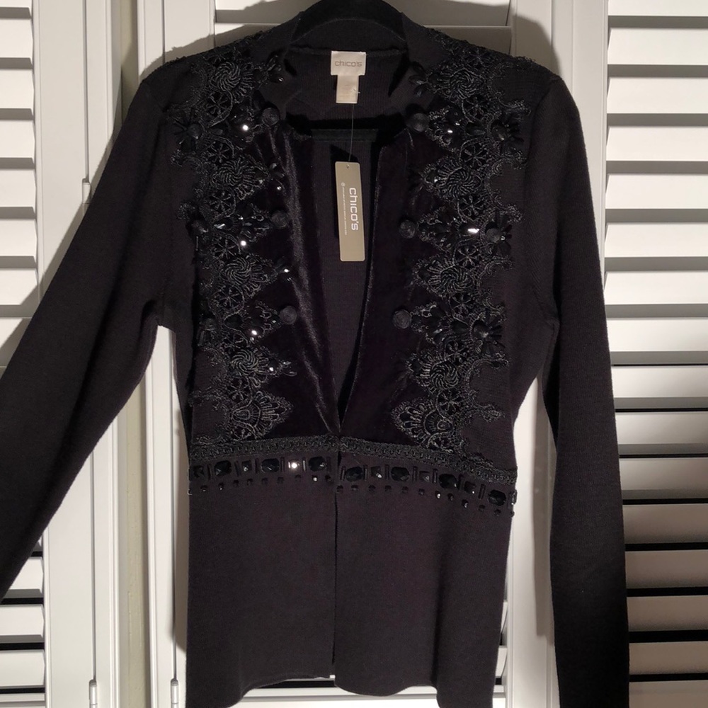 CHICOS sz 2 blk novelty cardigan, designer beading